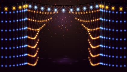 Glowing vertical garlands in the form of drop-down curtains. Beautiful greeting card with blue and golden lights and bulbs.  Background for ads, banners, social media. Vector illustration EPS10 