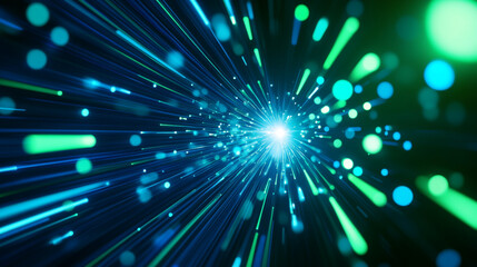 An abstract digital network with interconnected nodes and glowing blue and green lines symbolizing data exchange