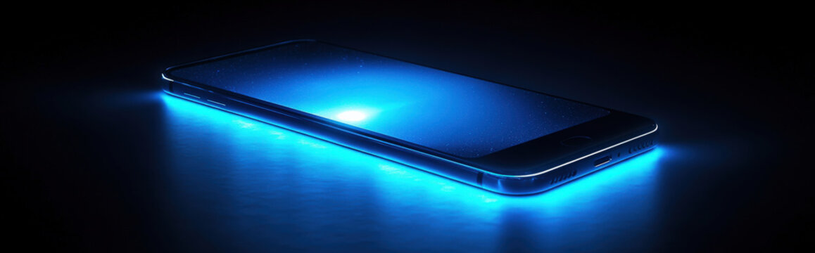 A smartphone with a glowing screen in a dark room, soft blue light illuminating the surface, sleek and futuristic design, minimalist
