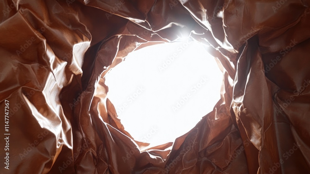 Poster brown leather crumples around a bright white hole, with the light piercing through the material and 