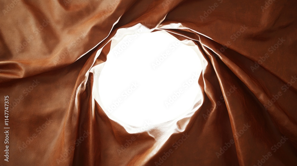 Poster brown leather crumples around a bright white hole, with the light piercing through the material and 