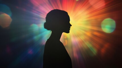 Woman silhouetted against a vibrant, colorful background with light patterns and bokeh effects at night. Generative AI