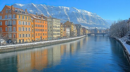 Naklejka premium Colorful buildings line a river reflecting snow-capped mountains under a clear blue sky.
