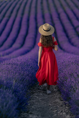 A woman in a red dress is walking through a field of purple flowers