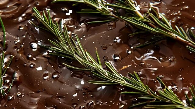 Fresh green rosemary sprigs are laying on a smooth, melted dark chocolate surface. This image is perfect for food bloggers, chocolatiers, and anyone who loves delicious treats