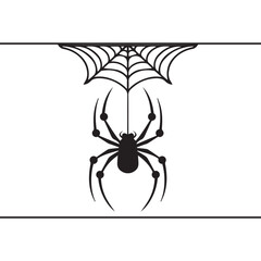 A silhouette of a spider hanging from web On white background.