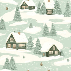 Fototapeta premium Seamless Christmas winter pattern showcasing cozy cabins