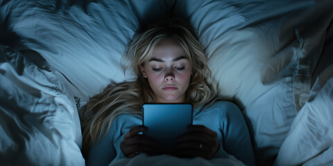 Young woman lying in bed, looking at her phone in dim light Doomscrolling