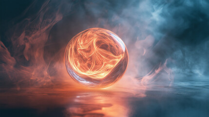 A glowing glass sphere surrounded by swirling mist patterns in soft tones