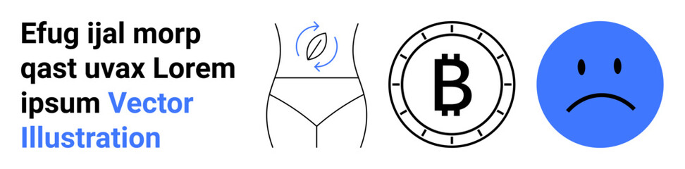 Waistline measurement icon, Bitcoin symbol, and sad face in blue. Ideal for health, finance, cryptocurrency, emotions, weight loss, investment, and mood. Landing page