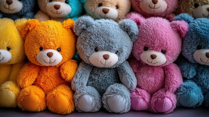 Colorful teddy bears sitting in a row.