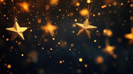 Glowing golden stars cascade through a deep black background, with sparkling bokeh lights creating a serene, festive atmosphere.