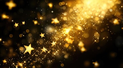 Glowing golden falling stars create bright trails of light across a deep black background, with soft bokeh circles adding to the magical ambiance.