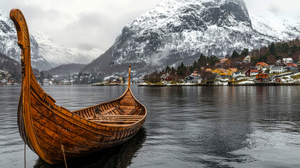 Wooden longship in snowy fjord.