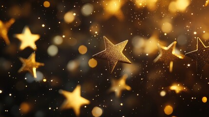 Golden stars fall through the night, leaving glowing trails of light, while bokeh circles enhance the magical and serene atmosphere.
