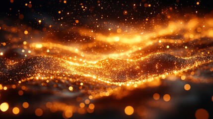 Golden glitter waves, sparkling lights, dark background.