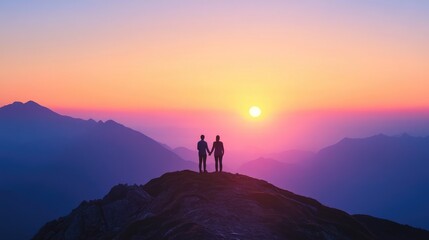 Obraz premium On a peaceful mountaintop at sunrise, two people hold hands, gazing at the horizon, embracing the hope of new beginnings and growth.