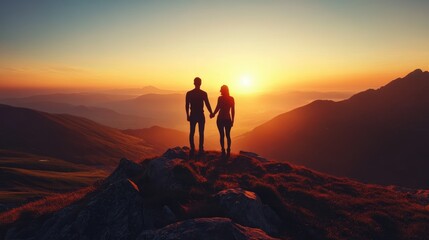 Fototapeta premium On a peaceful mountaintop at sunrise, two people hold hands, gazing at the horizon, embracing the hope of new beginnings and growth.