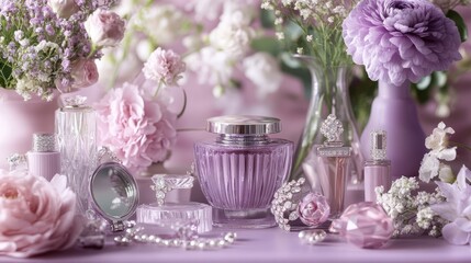 Obraz premium Shiny cosmetics and sparkling jewelry showcased with elegant flowers, placed on soft pastel purple displays, exuding opulence and sophistication.