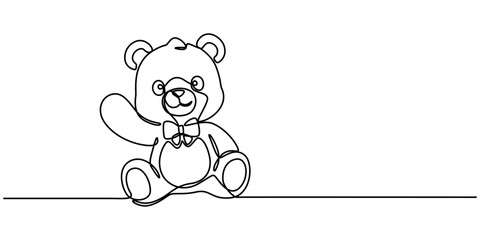 Cute teddy bear one line art drawing, One continuous line drawing of Teddy bear. Soft toy symbol of friendships childrens in simple linear style. Concept for birthday gift and greeting card. 