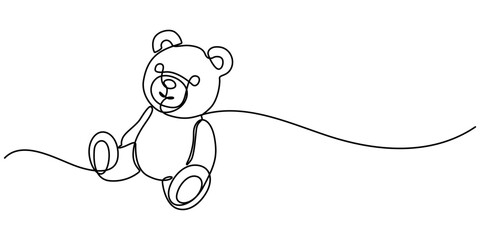 Cute teddy bear one line art drawing, One continuous line drawing of Teddy bear. Soft toy symbol of friendships childrens in simple linear style. Concept for birthday gift and greeting card. 
