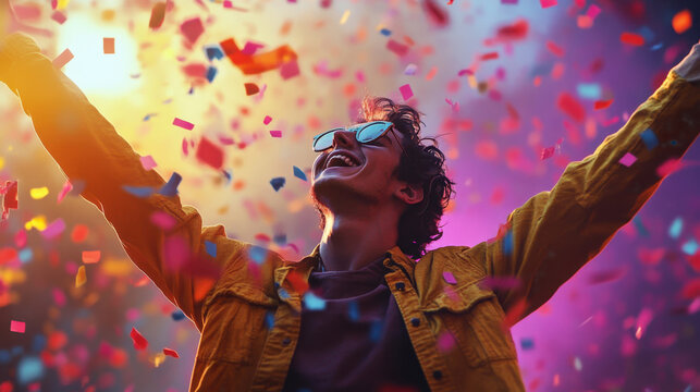 A person wearing sunglasses embraces the festive atmosphere, smiling and raising arms while colorful confetti falls around during a lively outdoor celebration.