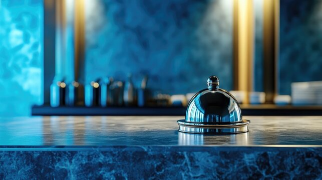 Silver service bell on a sleek counter with a sparkling blue backdrop, offering a refined and modern touch to a traditional service concept.