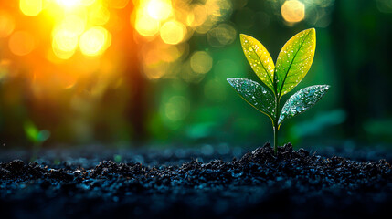 Young plant seedling sprouting from rich soil at sunrise.