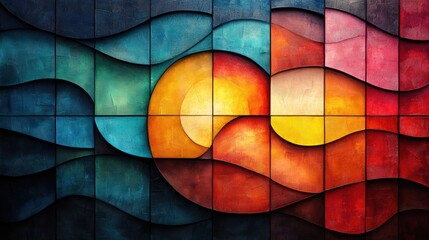 Fototapeta premium Abstract art, colorful waves, textured tiles.