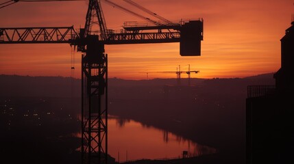 The silhouette of a large crane at sunset, with a city under construction in the background, showcasing the power of progress and industry.