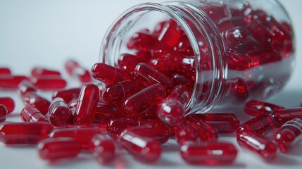 a glass jar that has been tipped over, spilling out a variety of capsules. The capsules are primarily red, with some featuring a white end. They are scattered around the jar, creating a dynamic