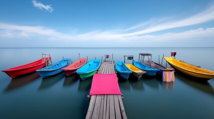 Colorful boats docked at a serene waterfront.
