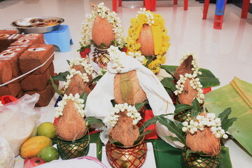 array of kumbums or sacred kudams of holy water kept in puja in sashtiyapthapurthi or sadhabishekam