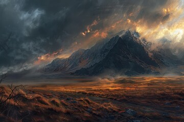 Fototapeta premium A Majestic Mountain Range with a Dramatic Golden Sky