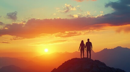 Obraz premium Two people standing hand in hand on a mountaintop at sunrise, watching the sky change, representing the start of a new journey and personal growth.