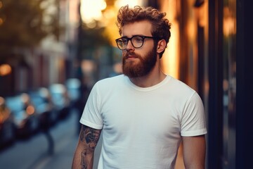 Fototapeta premium Stylish man in white shirt and glasses on street.