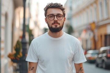 Obraz premium Stylish man in white shirt and glasses on street.