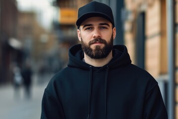 Urban hipster mockup  man in black hoodie with logo space.
