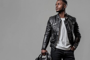 Obraz premium Fashion african man wearing black biker leather jacket holds bag looking away over gray background