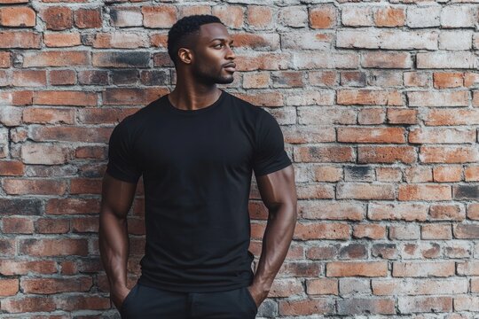 African American man in blank black t shirt against brick wall.
