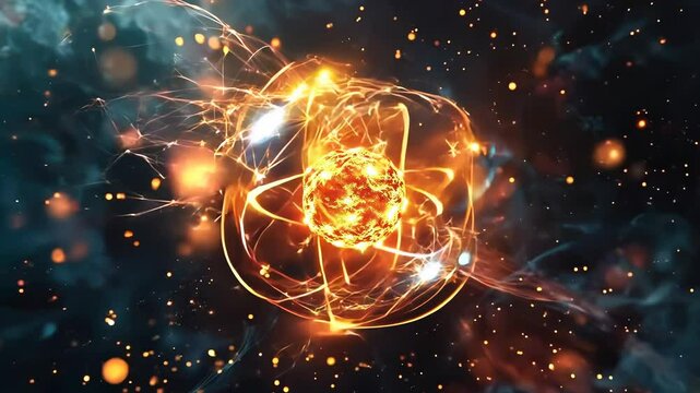 Atomic structure: video electrons orbiting nucleus, their energy levels and motion within the electron shell, dynamic interplay of protons, neutrons, and electrons.