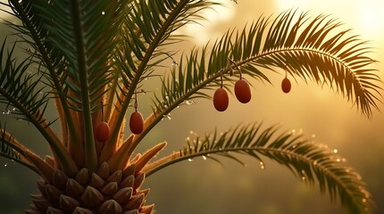 Bright sunset tree with Date Fruits and Dew Drops, Generative AI