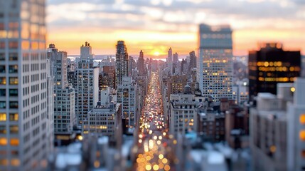 Fototapeta premium Tilt-shift miniature view of a busy city avenue flanked by skyscrapers during a golden sunset.