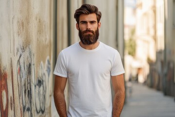 Hipster male model in blank white t shirt for logo design.