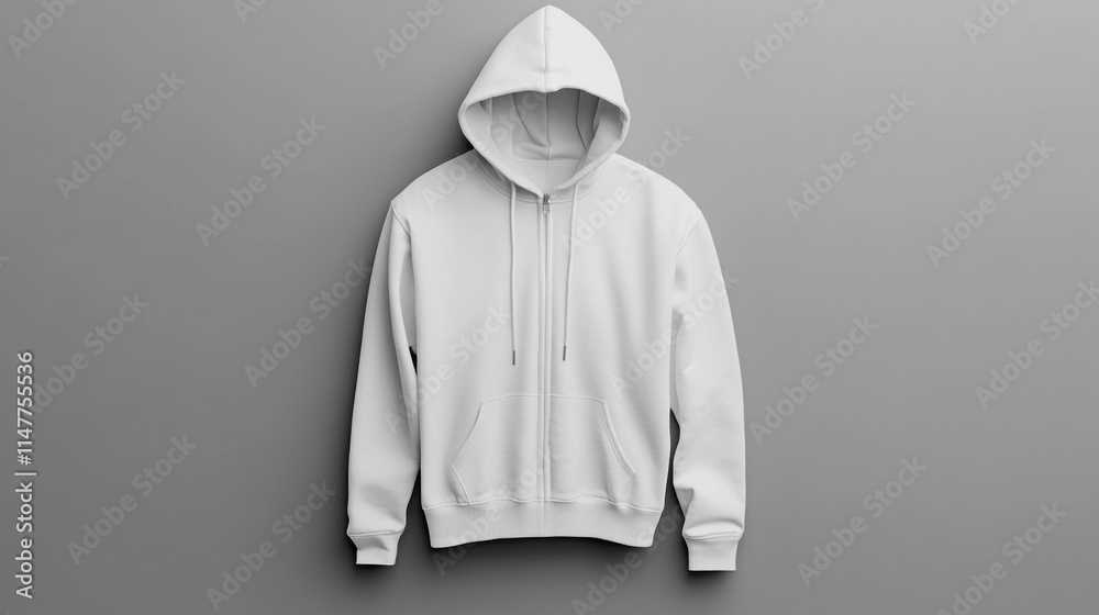 Poster Mockup of a blank white hoodie on a gray background for customizable design and text placement. Generative AI