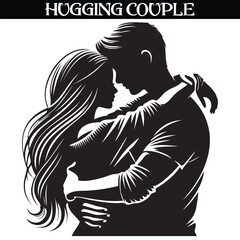 Hugging Couple Silhouette of Romantic Couple in Black and White