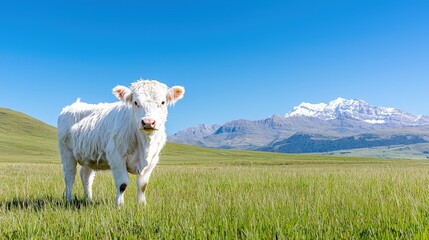 Obraz premium White calf standing in a green pasture with mountains in the background.