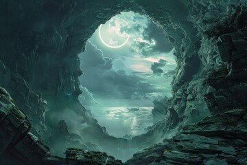 Obraz premium A Mysterious Moonlit View from a Cave Opening