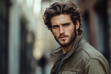 Fototapeta premium Portrait of a young handsome man model of fashion wearing jacket and shirt in urban background