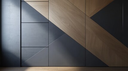 Obraz premium Geometric wood and grey panel wall design.